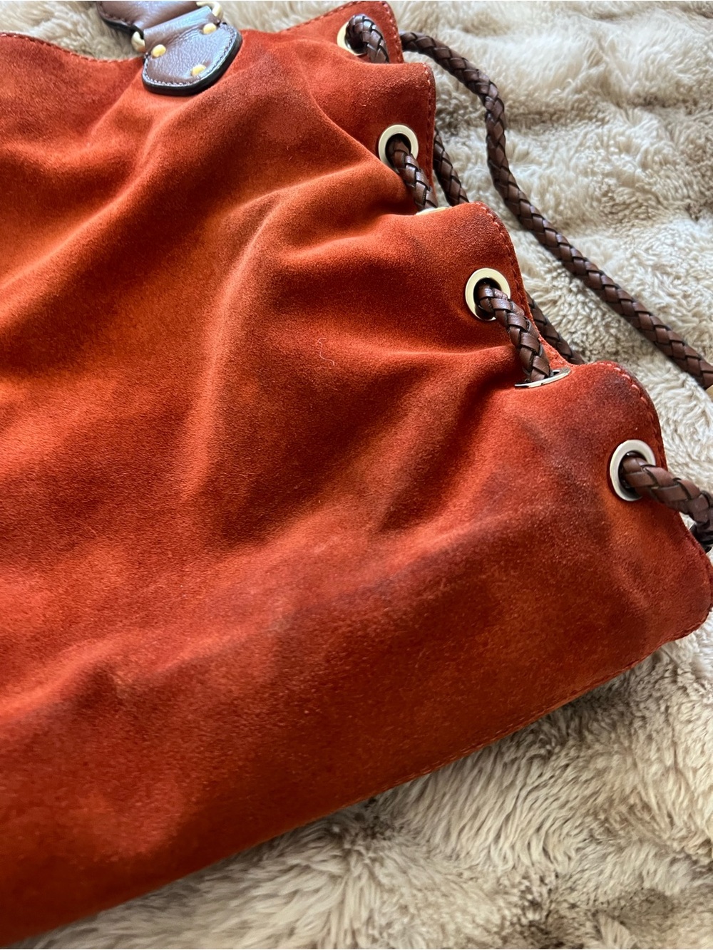 Michael Kors Rust Suede Tote/Hobo with Braided Brown Handles - Picture 3 of 11